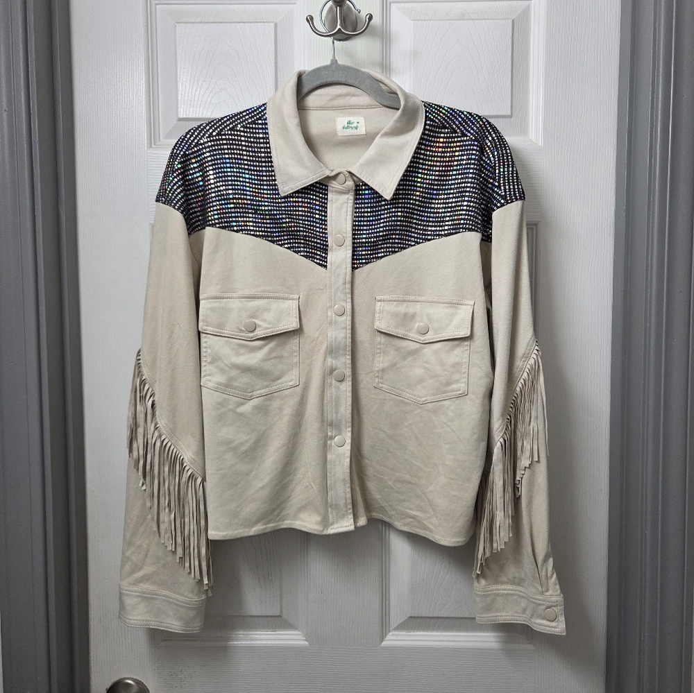 Cream Faux Suede Jacket W/ Fringe & Sequin Western Rodeo Cowgirl Boho Festival L